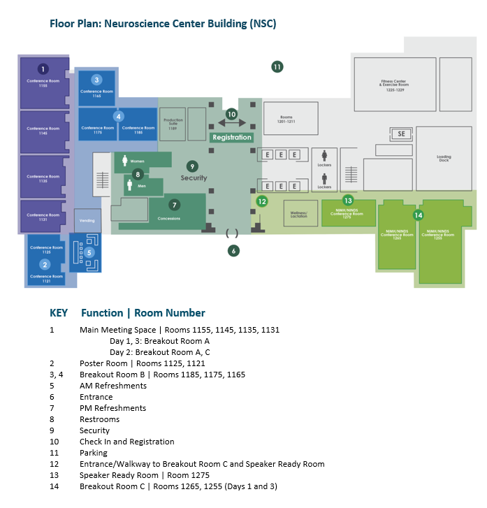 KEY     Function | Room Number  1	Main Meeting Space | Rooms 1155, 1145, 1135, 1131 Day 1, 3: Breakout Room A  Day 2: Breakout Room A, C  2	Poster Room | Rooms 1125, 1121 3, 4	Breakout Room B | Rooms 1185, 1175, 1165  5	AM Refreshments  6	Entrance 7 	PM Refreshments 8	Restrooms 9	Security 10	Check In and Registration 11	Parking 12	Entrance/Walkway to Breakout Room C and Speaker Ready Room 13	Speaker Ready Room | Room 1275 14	Breakout Room C | Rooms 1265, 1255 (Days 1 and 3)