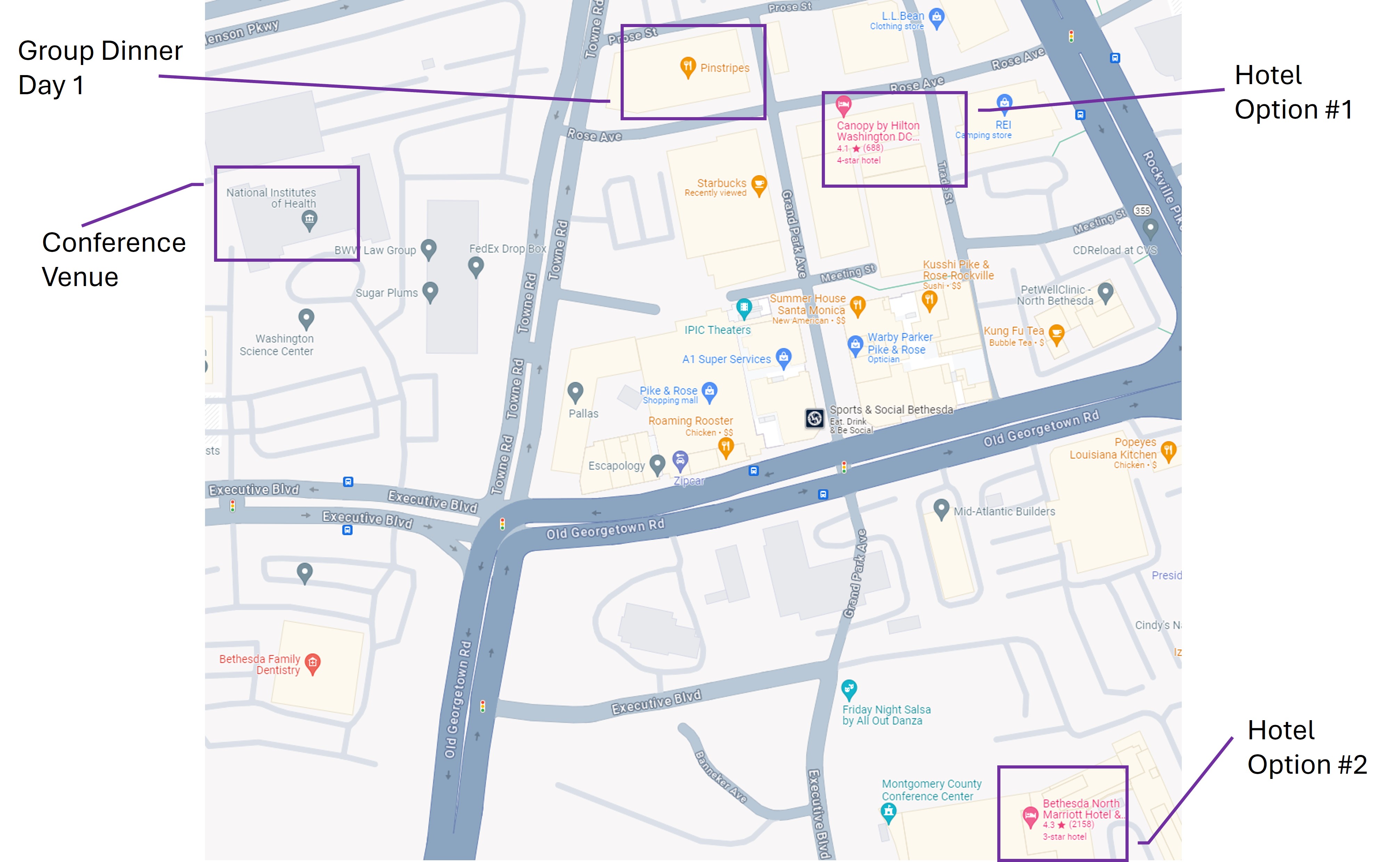 Area map of conference location with hotels and dinner location marked with respect to conference venue